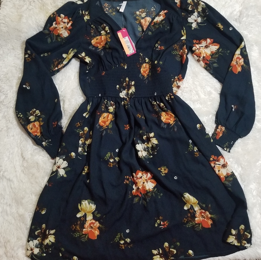 Xhilaration Navy Floral Long Sleeve Fit & Flare Mini Dress XS Boho Fall NWT - Picture 3 of 6